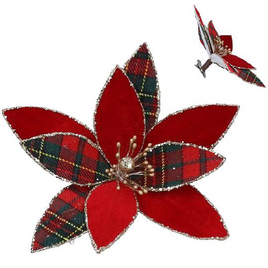 INDENT - Pack 12, Red & Tartan Poinsettia Clip 15cm